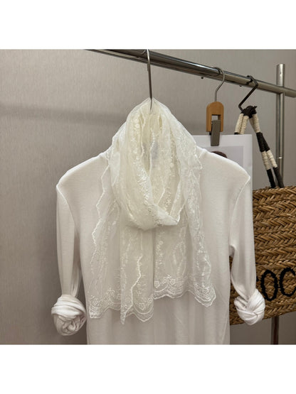 Scarvii - Floral Embroidered Lace Detail Long Scarf