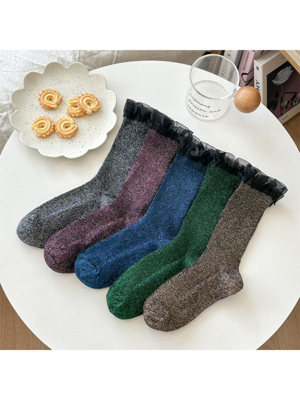 Rufia sparkle trim crew socks color assortment on table
