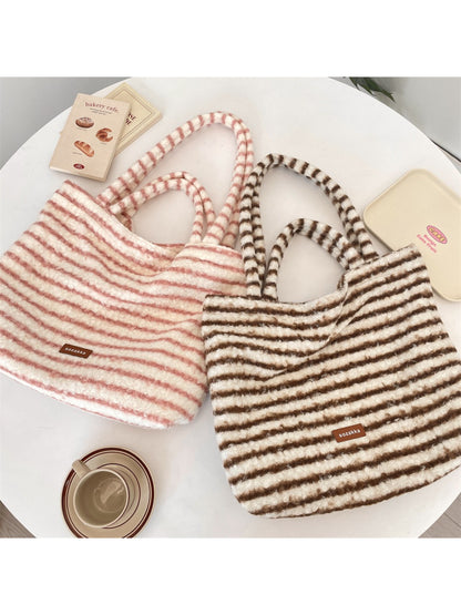 Cosbai - Soft Striped Fuzzy Shoulder Tote Bag
