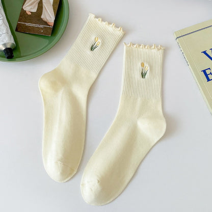 Rufia - Floral Embroidered Ruffled Mid-Calf Socks