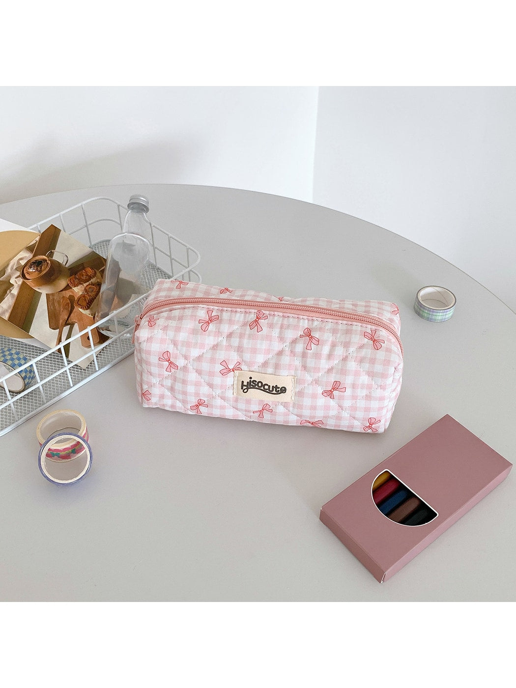 Cosbai - Plaid Bow Print Zipper Makeup Pouch Bag