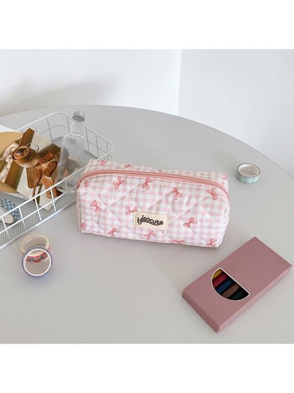 Cosbai - Plaid Bow Print Zipper Makeup Pouch Bag