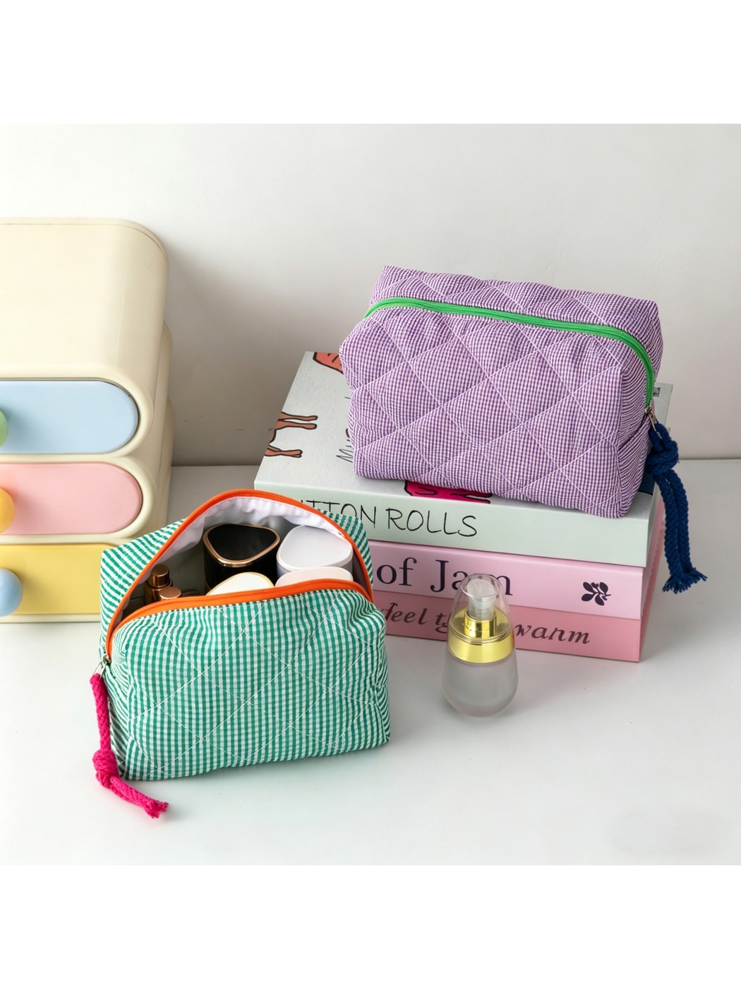 Cosbai - Color Block Plaid Cosmetic Organizer Bag