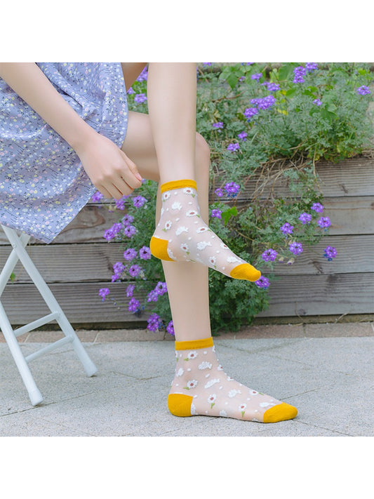 Rufia - Soft Floral Mesh Sheer Crew Socks