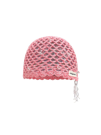 Haila - Solid Color Foldable Hollow Out Knit Beanie