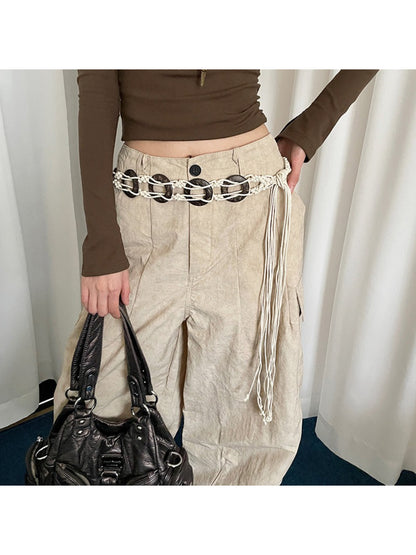 Side view of Beco Boho woven ring tie waist belt showing braided texture