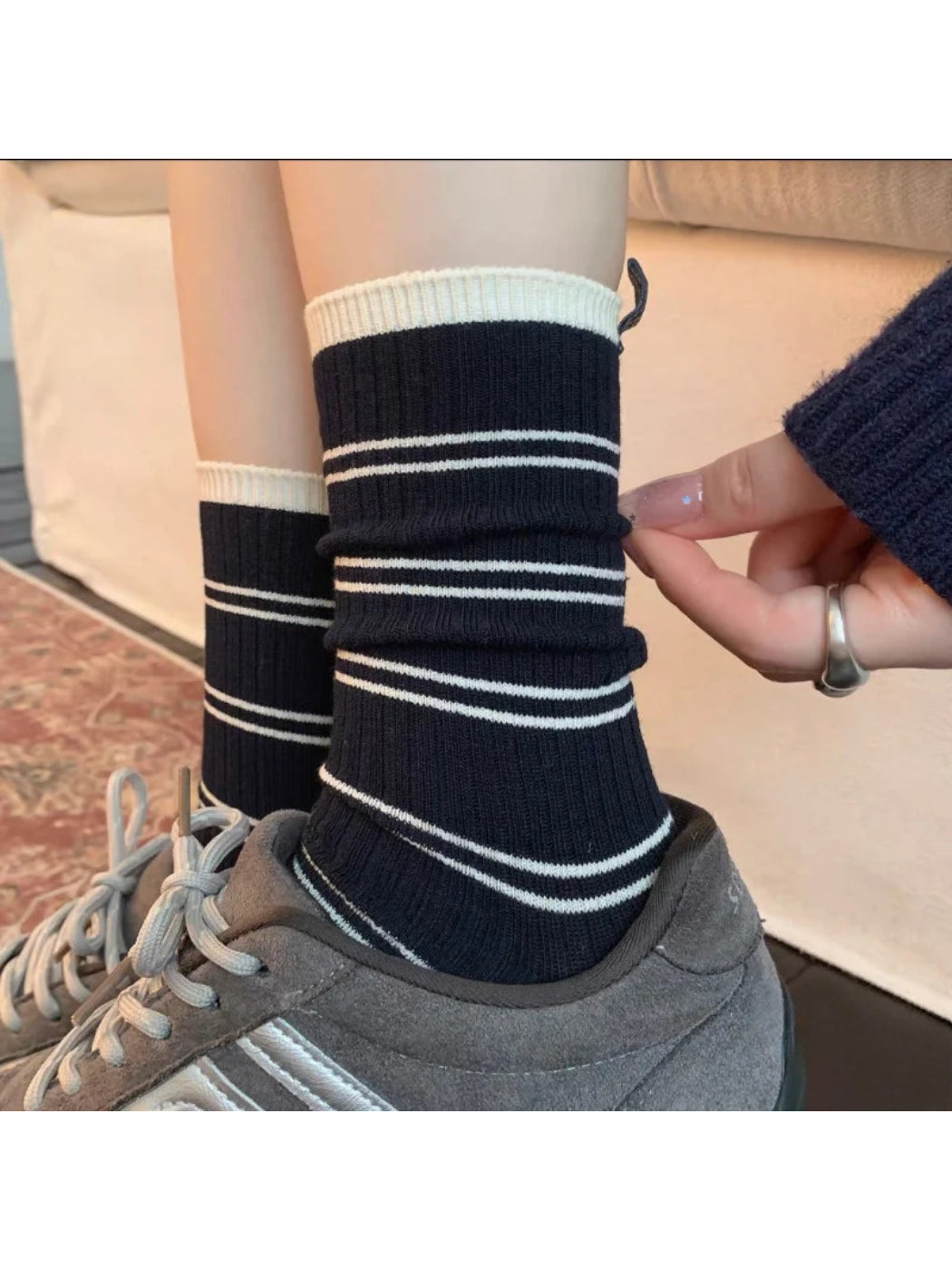 Rufia Cream Slouch Socks with Black Trim