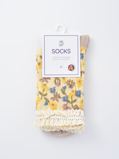 Rufia - Lace-Trim Vintage Floral Relief Socks