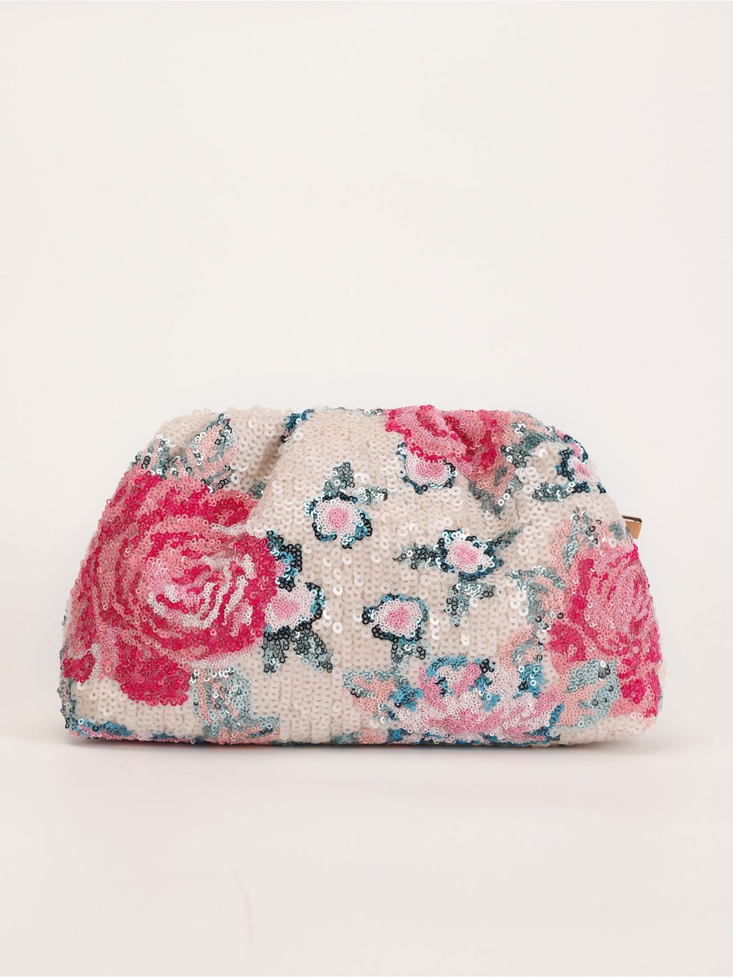 Cosbai floral sequin evening clutch bag shown from angled front view on plain backdrop
