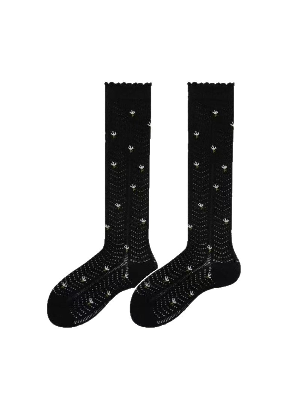 Rufia - Floral Pattern Ruffle Mid Calf Socks