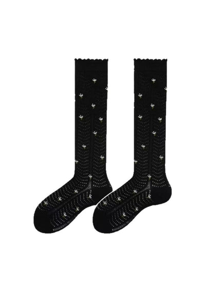 Rufia - Floral Pattern Ruffle Mid Calf Socks