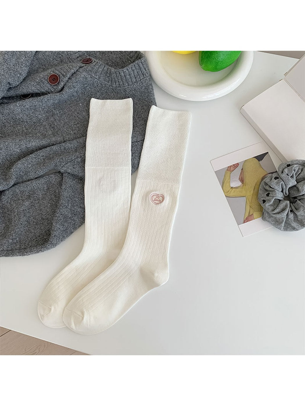 Rufia - Ribbed Heart Detail Casual Mid-Calf Socks