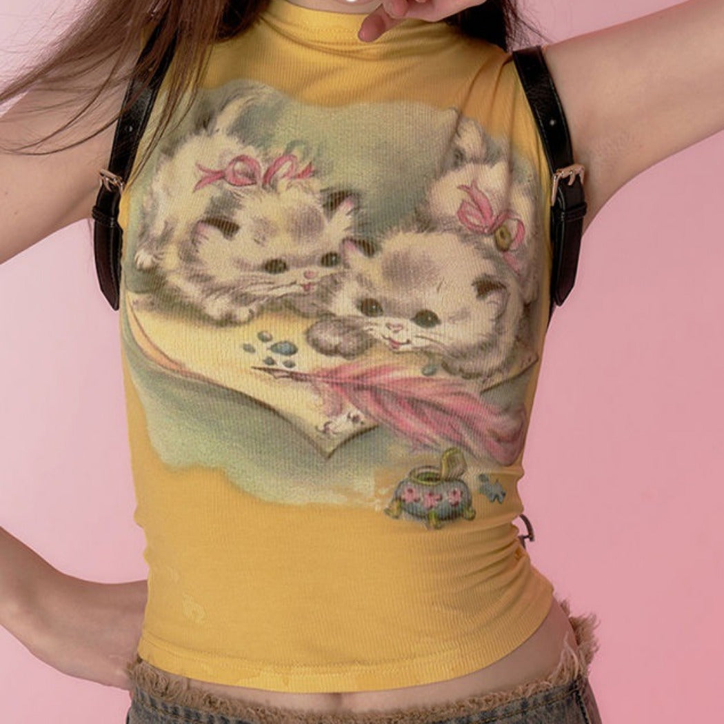 Vesty- Vintage Cat Short Tank Top - Yellow & Black