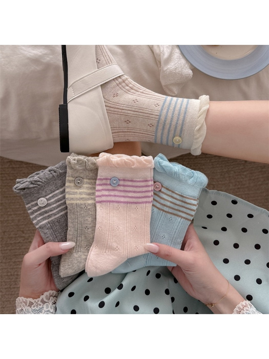 Rufia - Striped Button Detail Socks
