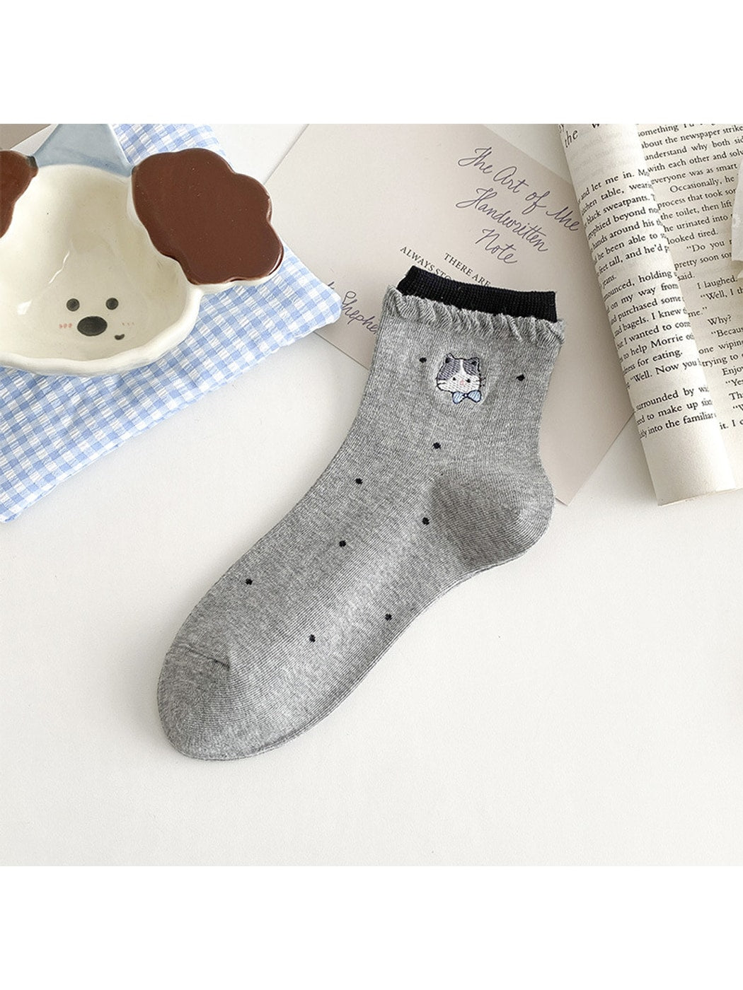 Rufia - Cute Cat Embroidery Polka Dot Ankle Socks