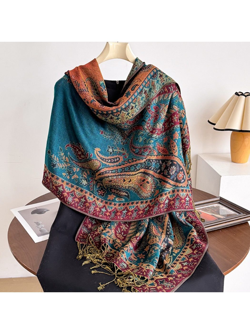 Bohemian paisley tassel wrap scarf displayed flat showing full pattern and colors