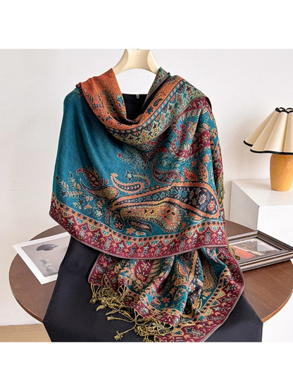 Bohemian paisley tassel wrap scarf displayed flat showing full pattern and colors