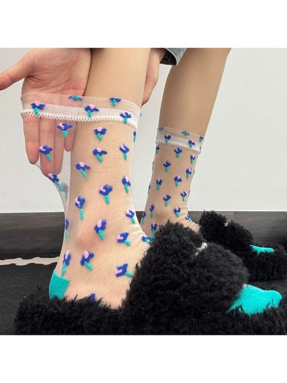 Rufia - Sweet Patterned Sheer Crew Socks for Women