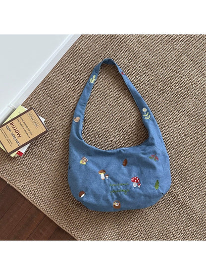 Cosbai – Embroidered Denim Shoulder Tote Bag