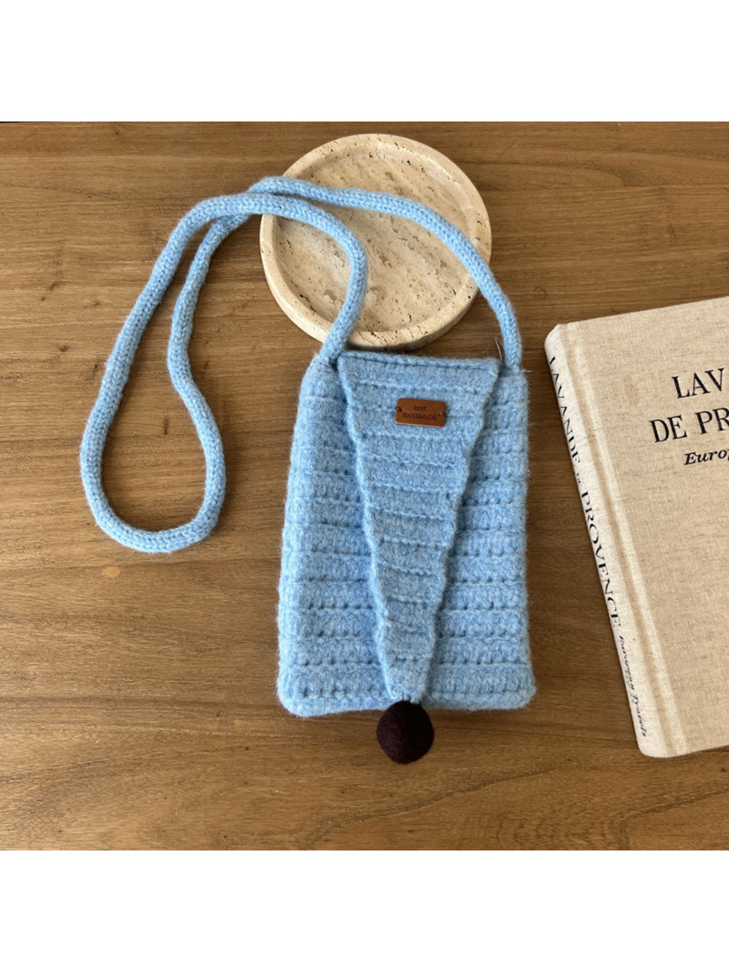 Cosbai - Pointed Flap Knit Crossbody Bag with Pom Pom