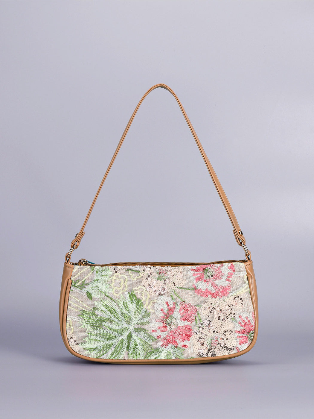 Cosbai Floral Sequin Shoulder Bag resting on a wooden table with light