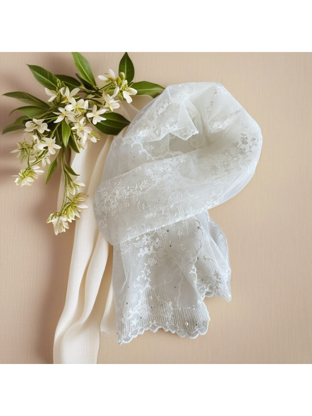 Scarvii - Floral Embroidery Long Lace Scarf