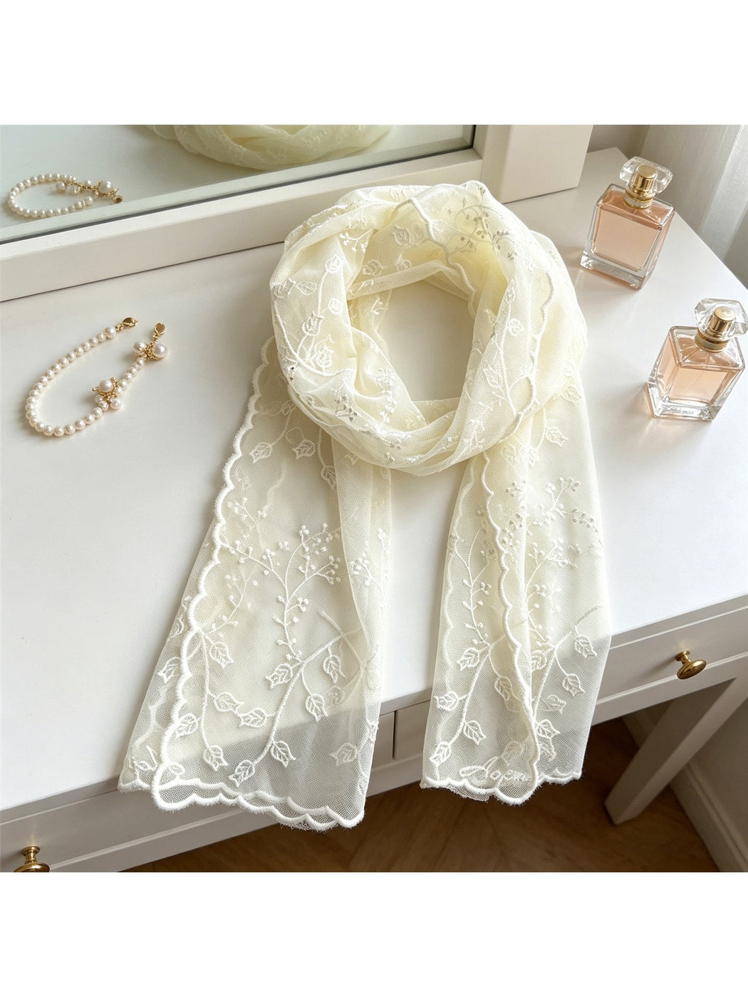 Scarvii - Scalloped Edge Embroidered Long Scarf