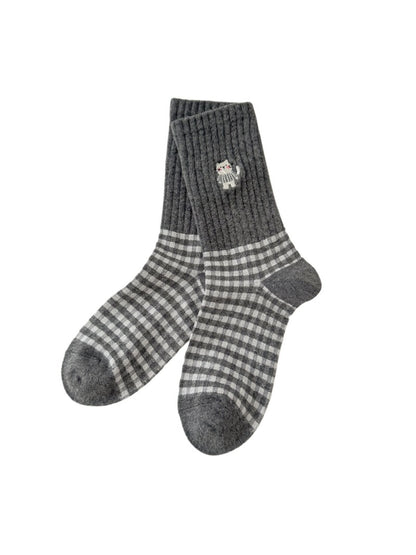 Rufia - Cute Cat Embroidery Plaid Socks for Women