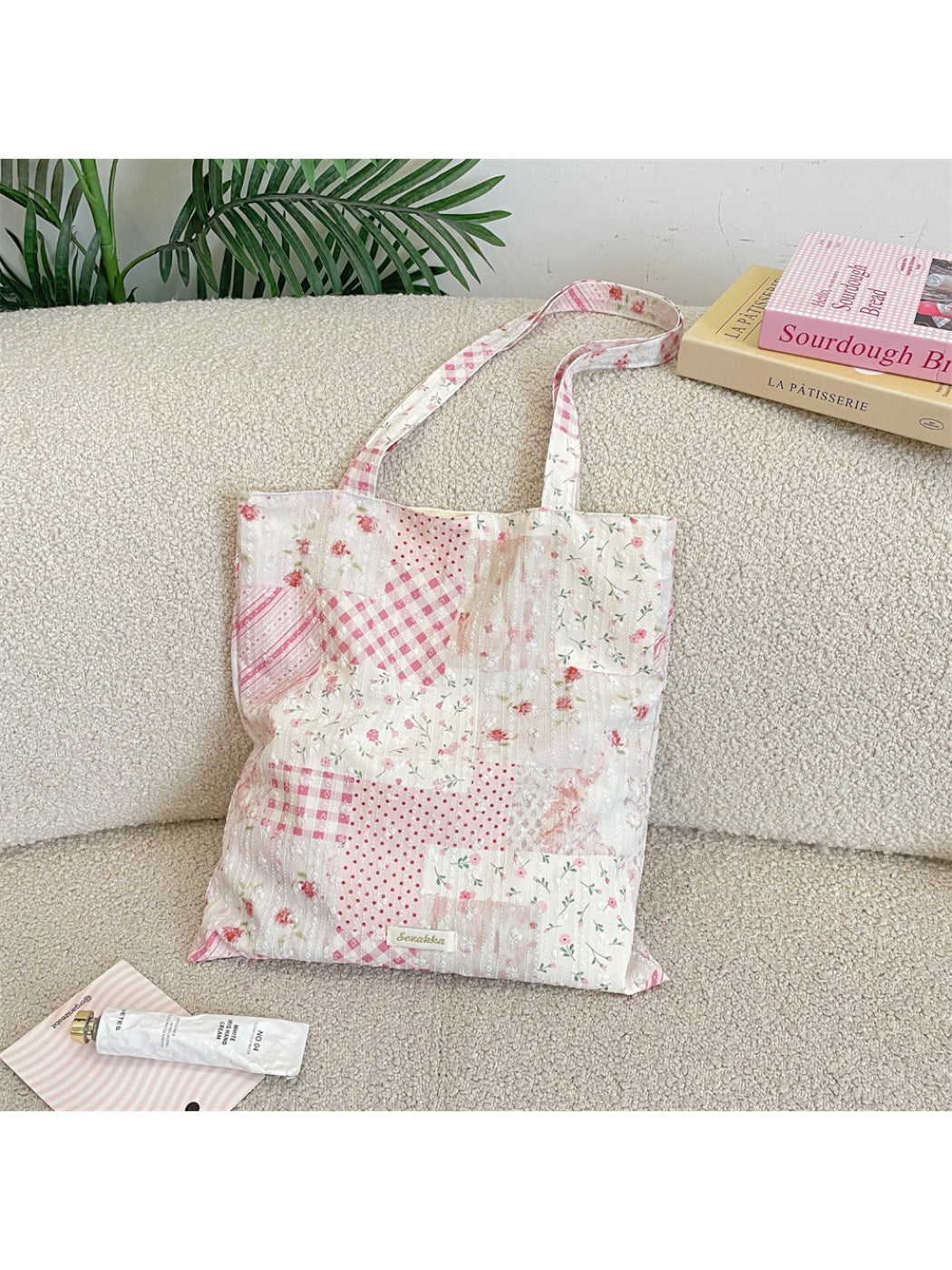 Side view of Cosbai Soft Floral Patchwork Shoulder Tote showing strap and patchwork details