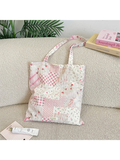 Side view of Cosbai Soft Floral Patchwork Shoulder Tote showing strap and patchwork details