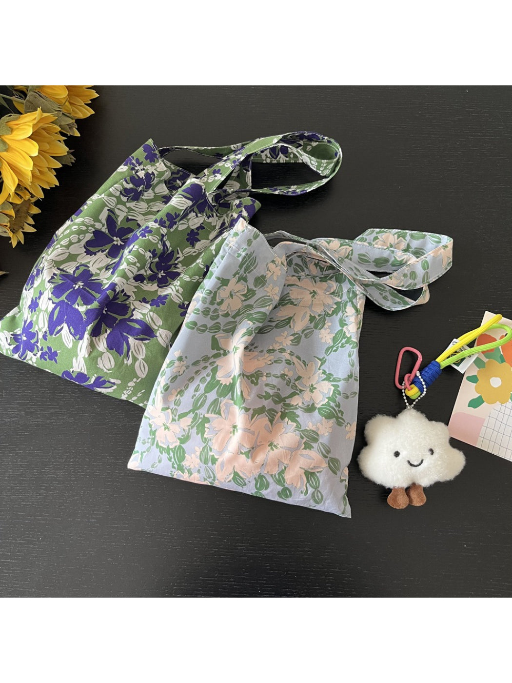 Cosbai Soft Botanical Shopper Bag in beige with botanical print and handles