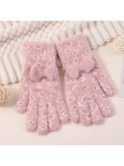 Gloving – Leopard Bow Plush Knit Gloves