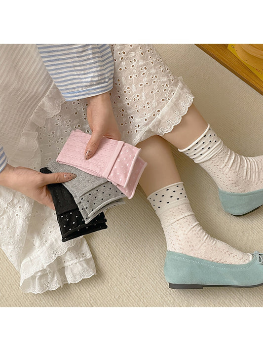 Rufia - Openwork Polka Dot Rolled Trim Crew Socks
