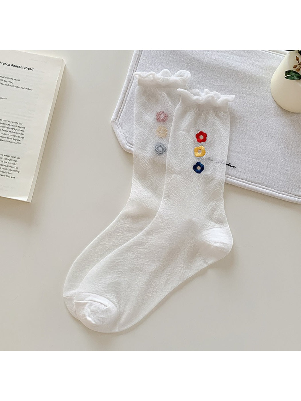 Side view of Rufia Sweet Flower Detail Crew Socks highlighting ribbed cuff and floral design
