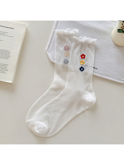 Side view of Rufia Sweet Flower Detail Crew Socks highlighting ribbed cuff and floral design
