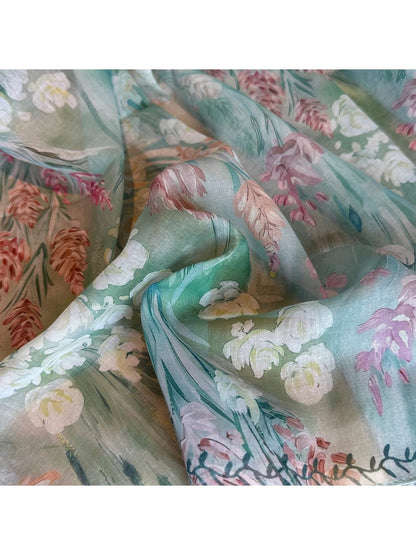 Scarvii - Fresh Light Green Floral Print Square Scarf