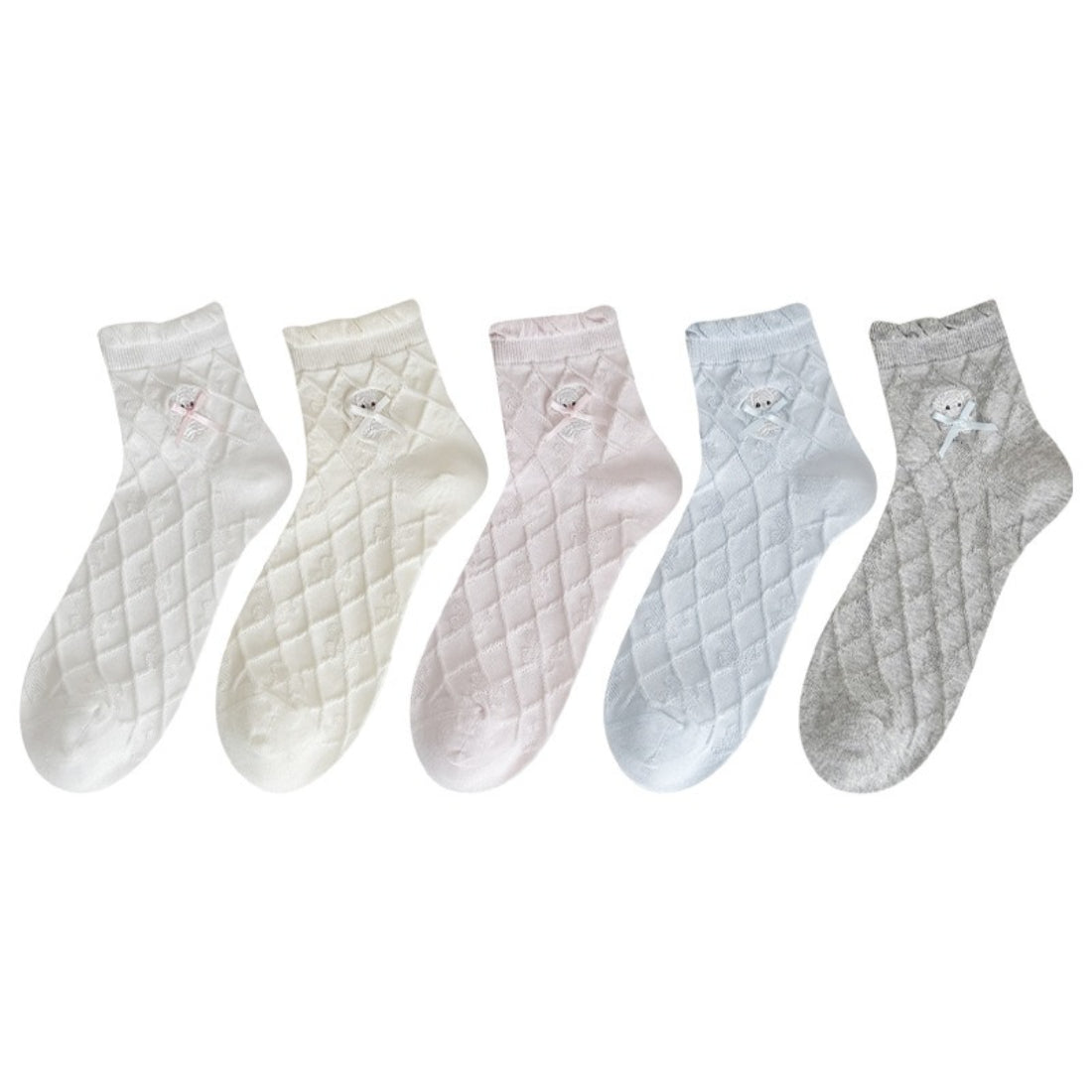 Close-up of Rufia Sweet Bear Diamond Knit Socks showing diamond knit pattern and bear design