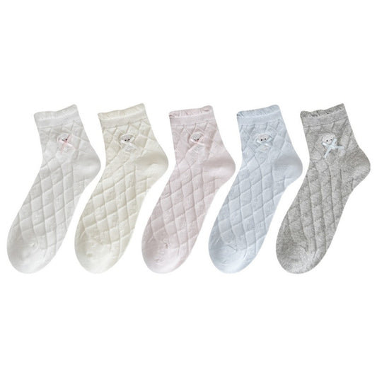 Close-up of Rufia Sweet Bear Diamond Knit Socks showing diamond knit pattern and bear design