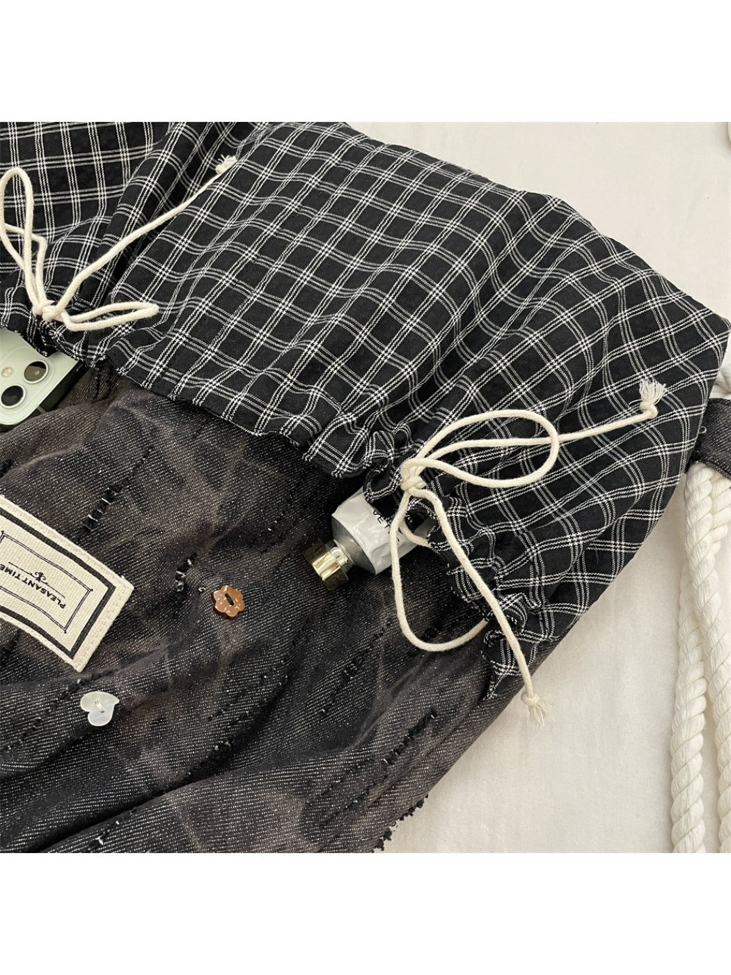 Cosbai – Plaid & Denim Drawstring Backpack