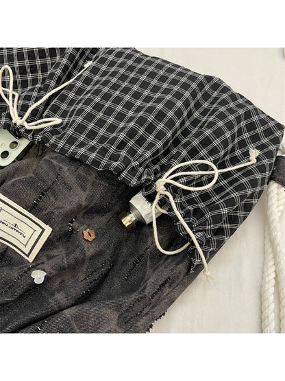 Cosbai – Plaid & Denim Drawstring Backpack
