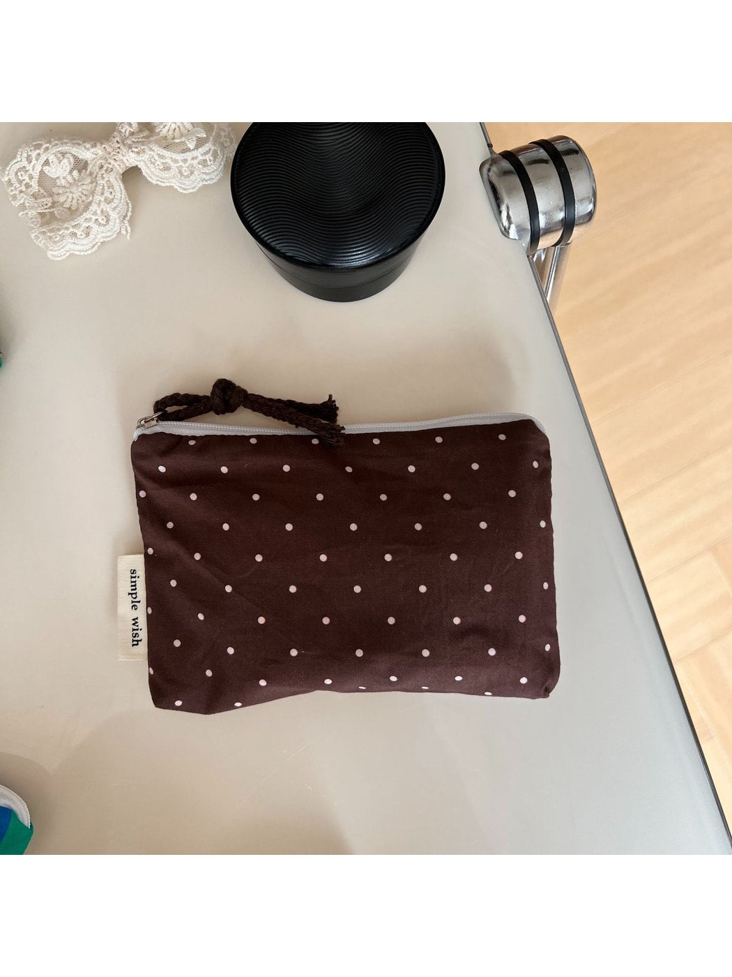 Cosbai - Polka Dot and Check Print Zip Pouch