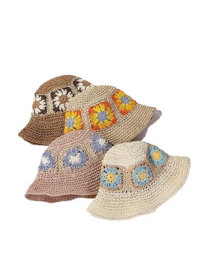 Haila crochet flower patch bucket hat in beige, front view on white background