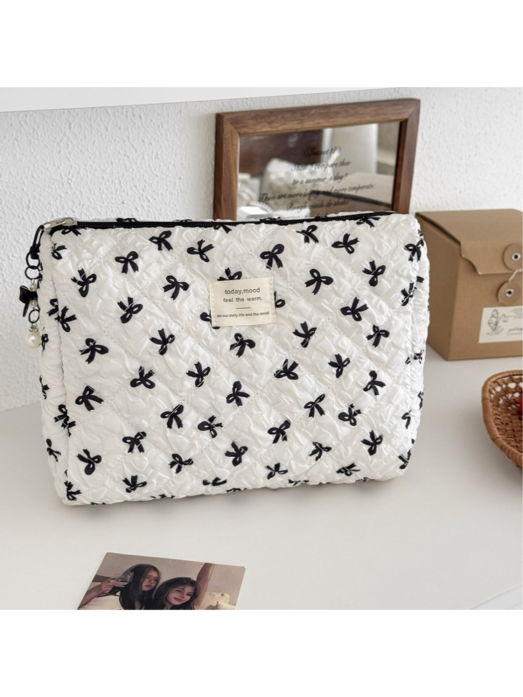 Cosbai Sweet Ribbon toiletry bag in soft pink with white ribbon pattern, rectangular shape