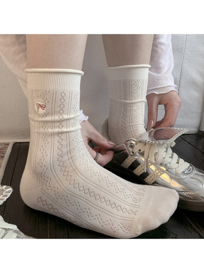 Rufia - Bow Embroidery Textured Pattern Crew Socks