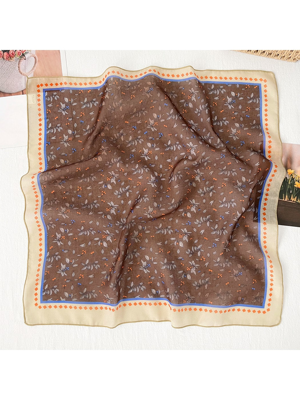 Scarvii - Botanical Print Contrast Border Square Scarf