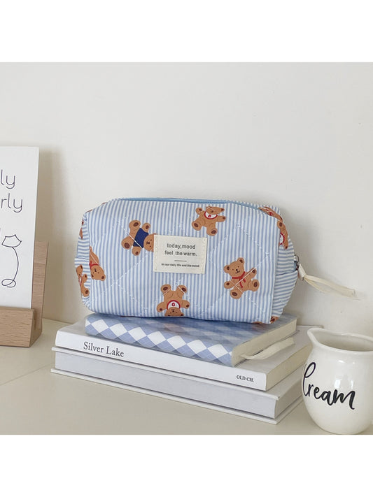 Cosbai Cute Bear Quilted Cosmetic Pouch in beige with bear face design