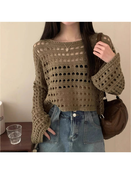 Crosa - Openwork Long Sleeve Crew Neck Knit Cover Up