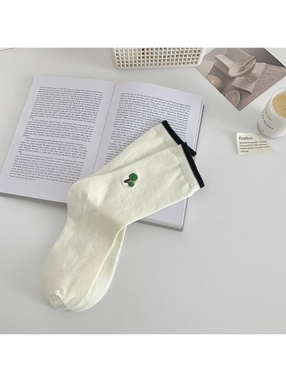 Rufia - Cartoon Embroidered Colorblock Casual Crew Socks