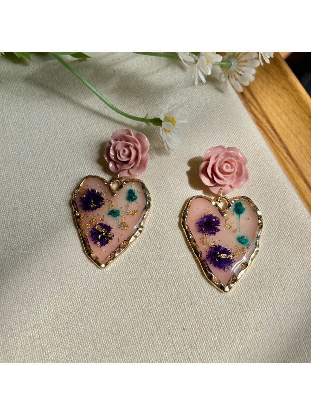 Earwish Rose Heart Drop Earrings displayed on white background showing front view