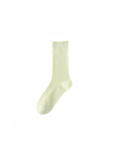 Rufia - Solid Color Ruffle Openwork Casual Crew Socks